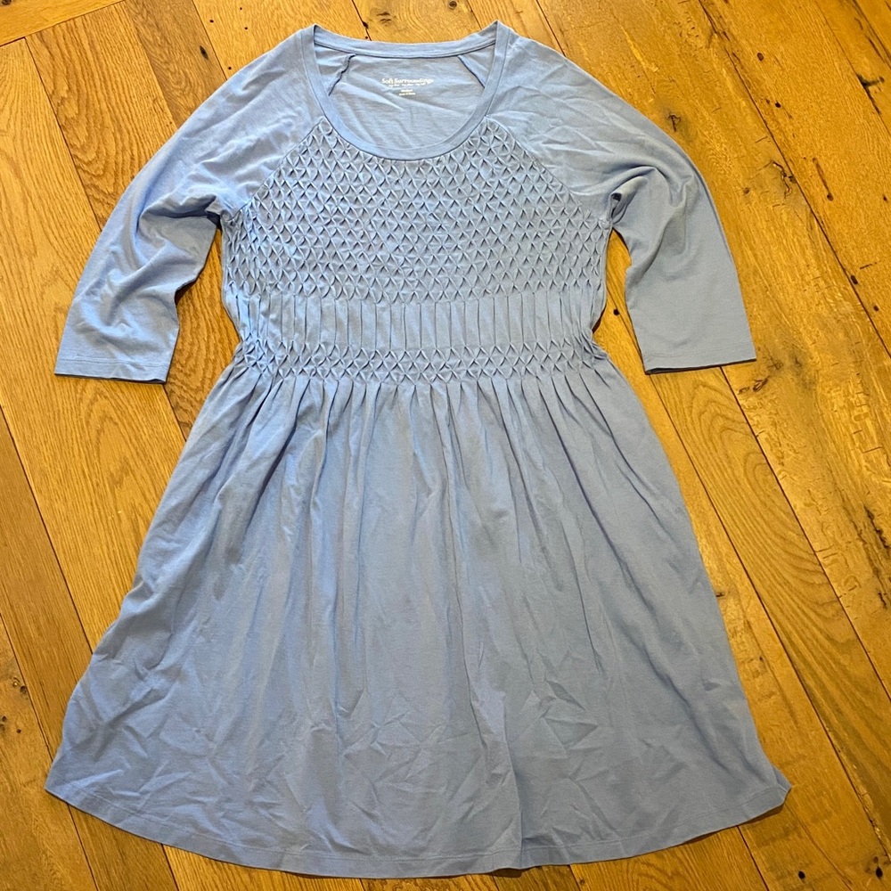 Soft Surroundings Sylvie Powder Blue Smocked Jersey Knit 3/4 Slv Dress Tunic M